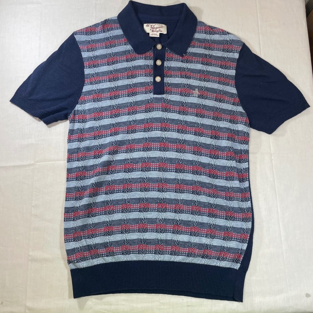 Original Penguin Munsingwear Mens Medium Linen Blend Knit Polo Navy Striped